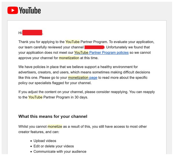How to earn money from youtube in India  - YouTube partner program rejection email