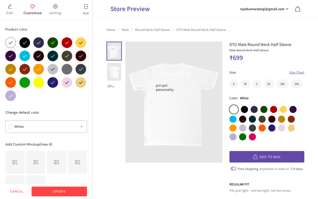 Blinkstore T-shirt Customisation Page